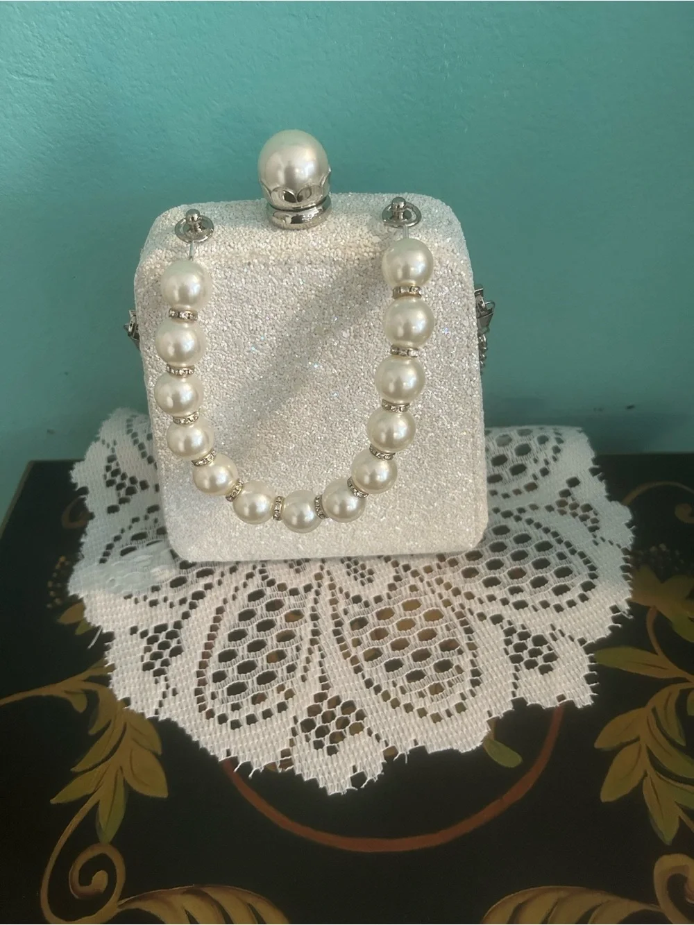 Nina Pearl-Embellished White Glitter Clutch
